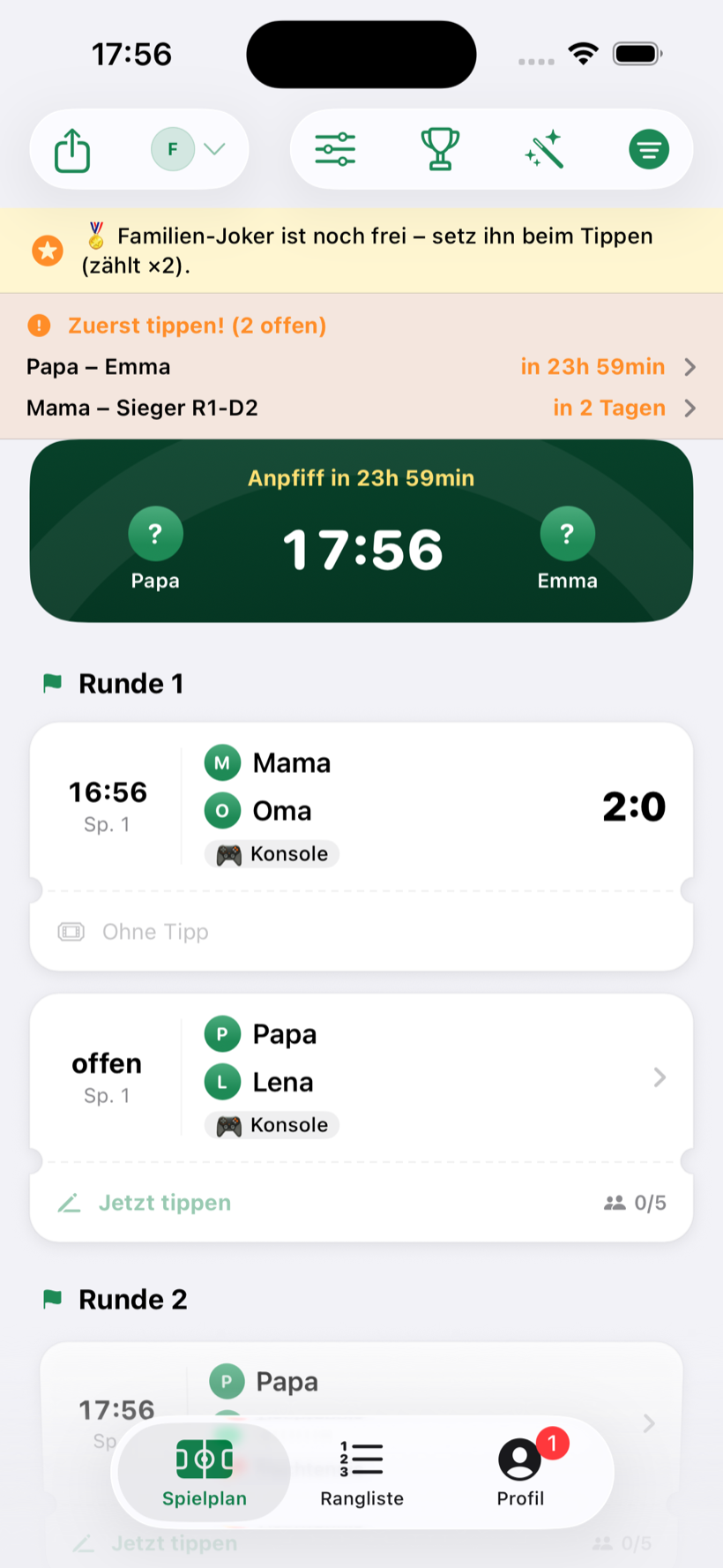Eigenes Turnier mit K.-o.-Runden, Familien-Joker und Sportart Konsole