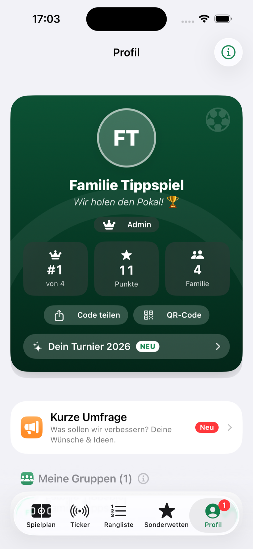 Profil mit Trophäenschrank und eigenem Turnier