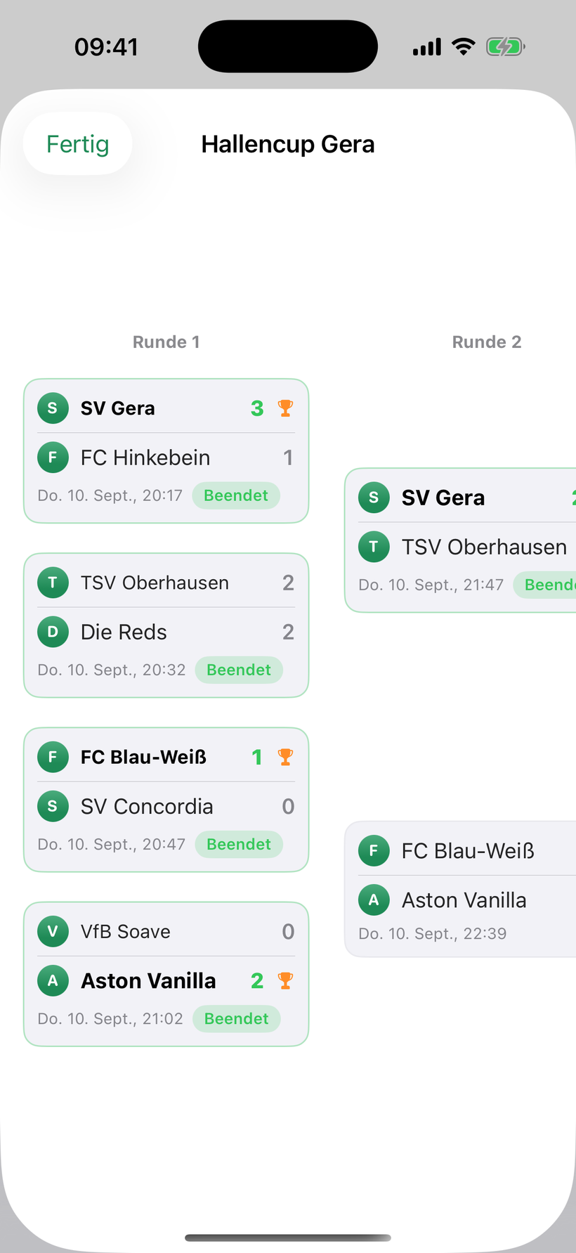 Turnierbaum des Hallencups: Runde 1 mit vier Duellen, Halbfinale, Sieger markiert