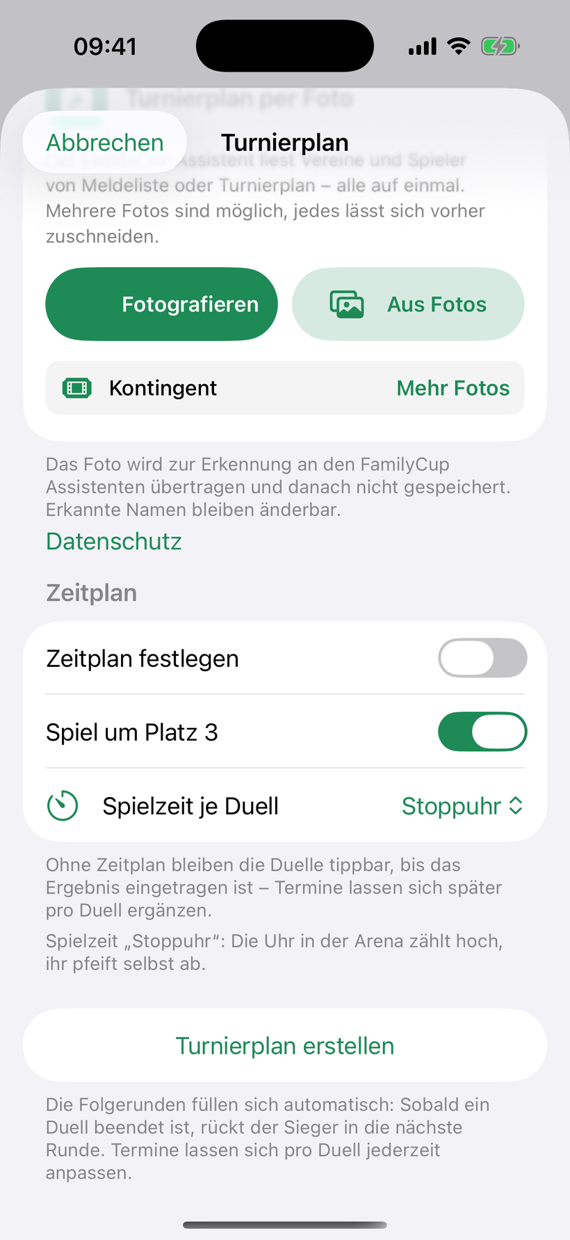 Turnierplan per Foto: Fotografieren, aus Fotos wählen, Kontingent und Datenschutz