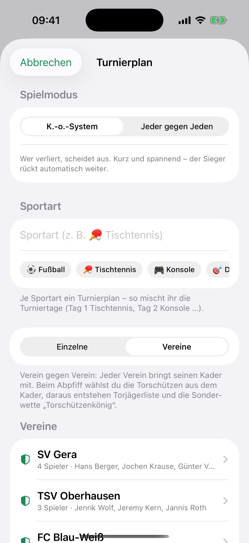 Turnierplan anlegen: Umschalter Einzelne oder Vereine, Liste der Vereine mit Kader