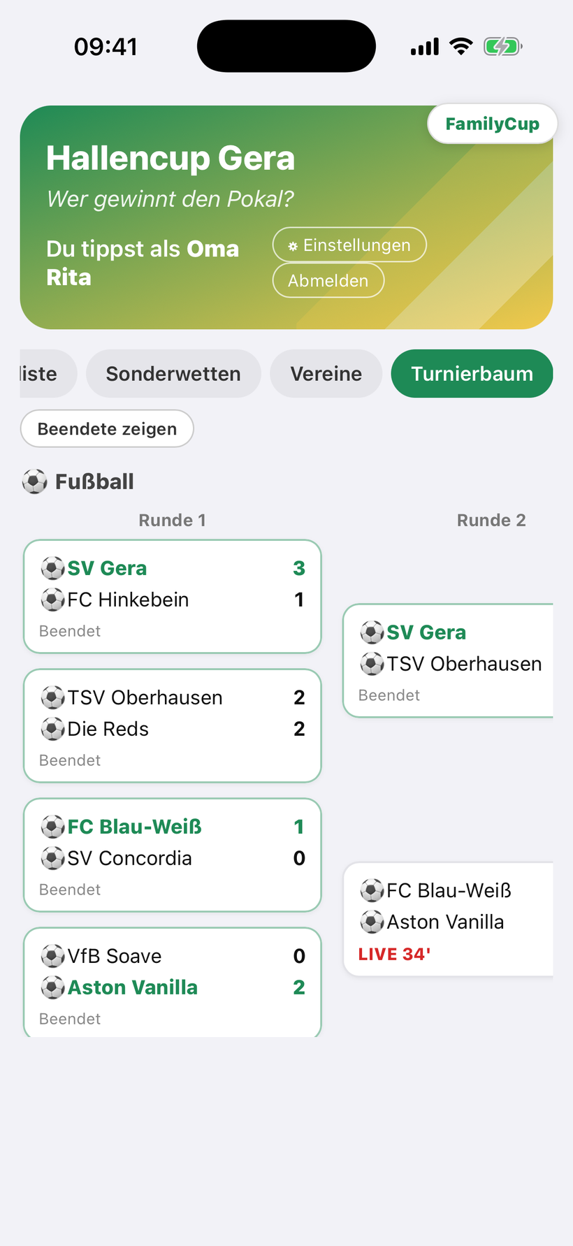 Web-Seite der Gruppe im Browser: Turnierbaum mit Runde 1 und Runde 2