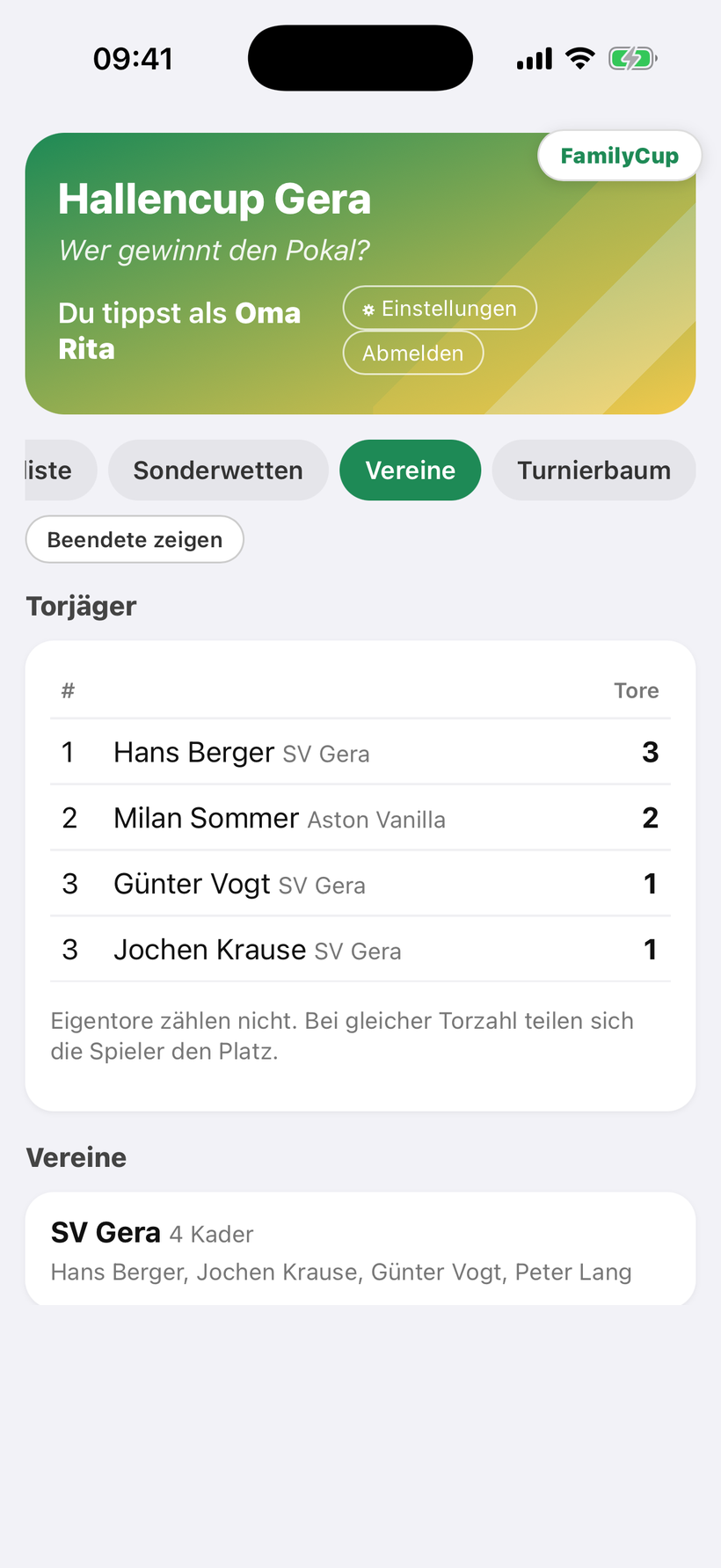 Web-Seite mit Torjägern und Vereinen