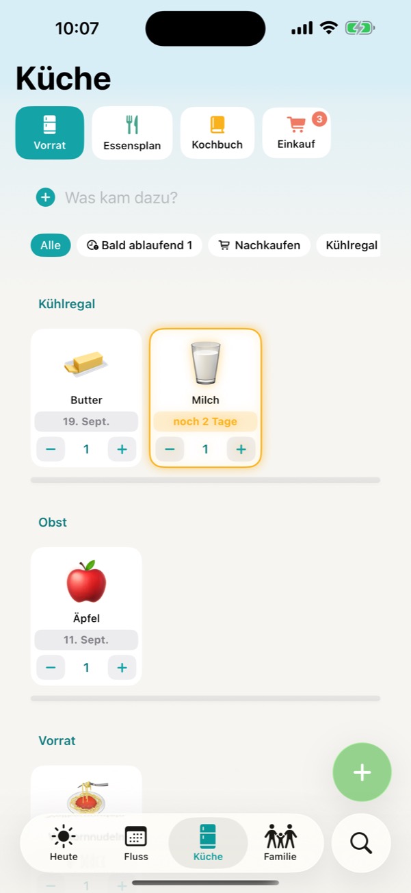 Küche – Vorrat mit Mindesthaltbarkeit und Ablauf-Warnung