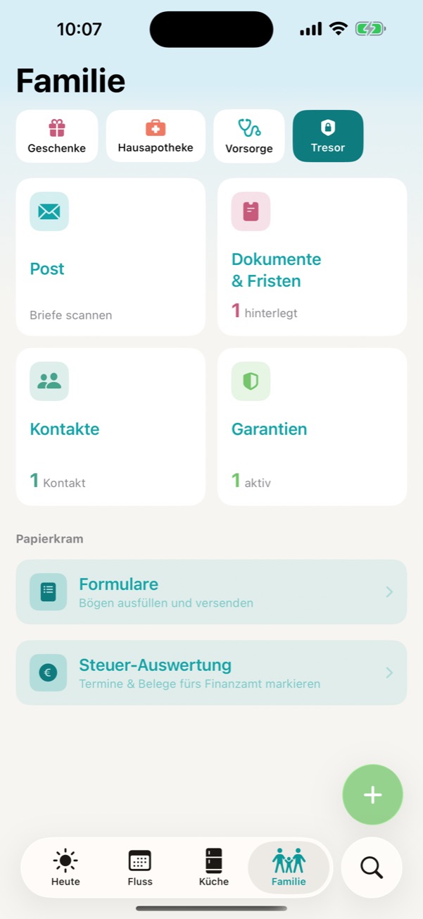 Tresor – Post, Dokumente, Kontakte, Garantien und Steuer-Auswertung