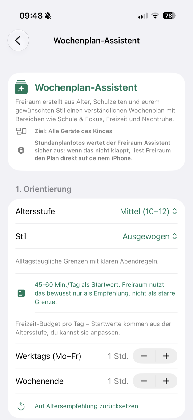 Wochenplan-Assistent mit Altersstufe und Stil