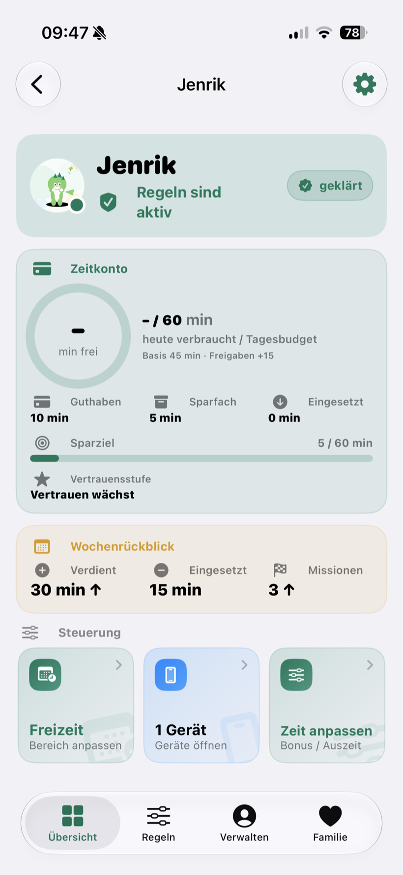 Kind-Übersicht in der Eltern-App