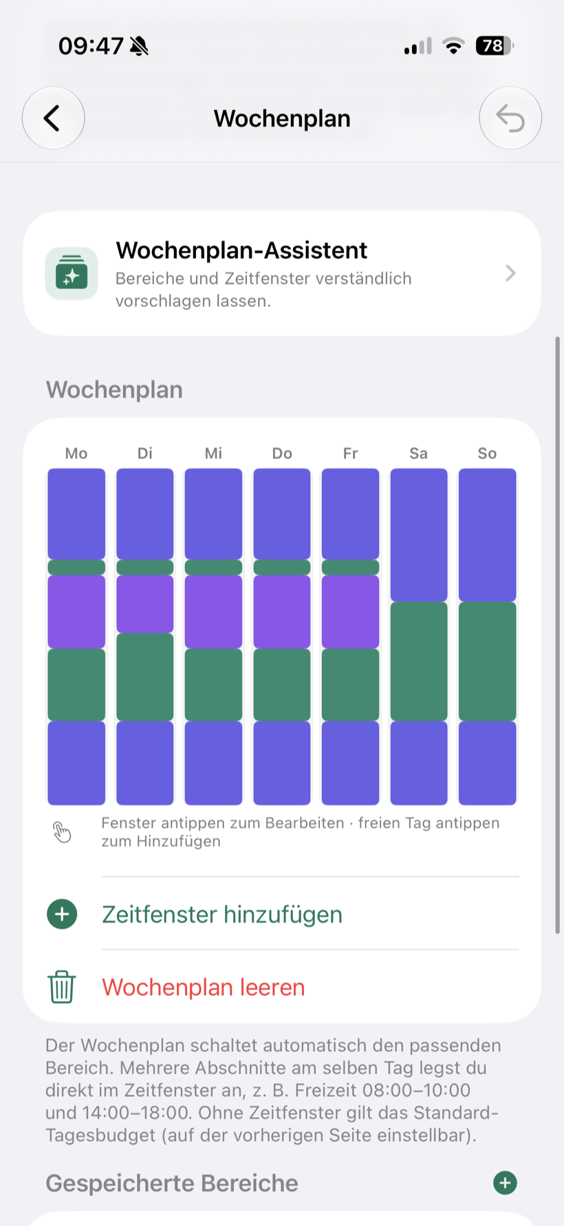 Wochenplan mit Bereichen