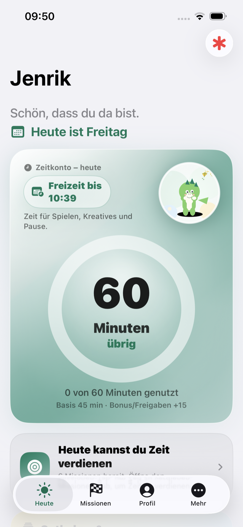 Freiraum Kids – die Kind-Startseite mit Zeitkonto und verbleibender Freizeit
