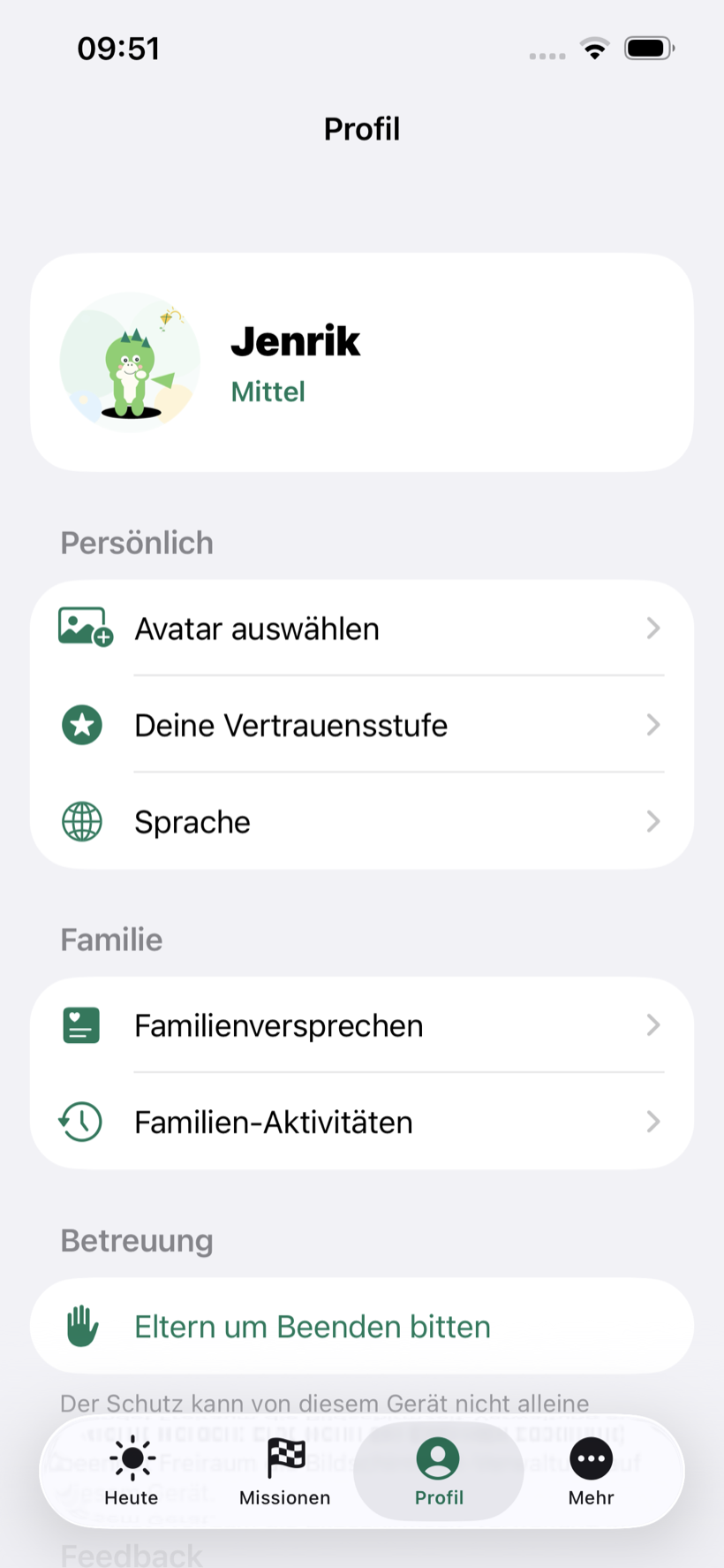 Kind-Profil mit Avatar, Vertrauensstufe und Familienbereich