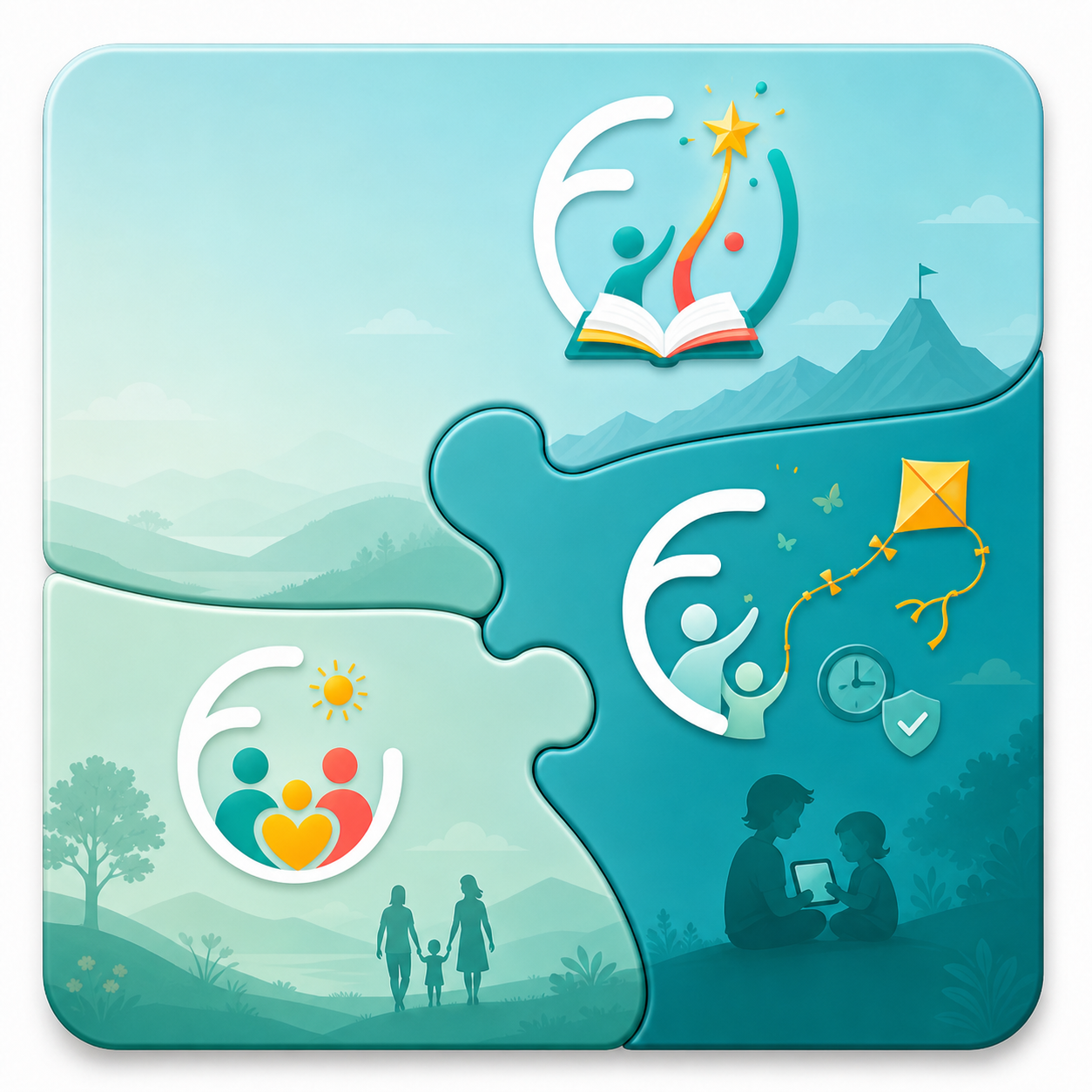 Die drei Freiraum-Puzzleteile: Kids, Life & Family und Genius fügen sich zu einem Ganzen zusammen