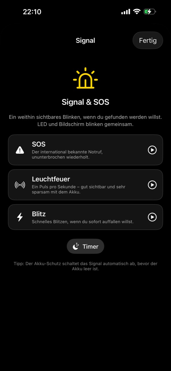 Signal & SOS mit den Mustern SOS, Leuchtfeuer und Blitz