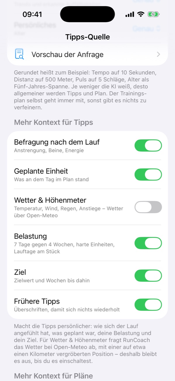 RunCoach Assistent: einzeln schaltbarer Kontext – Befragung, geplante Einheit, Wetter, Belastung, Ziel, frühere Tipps