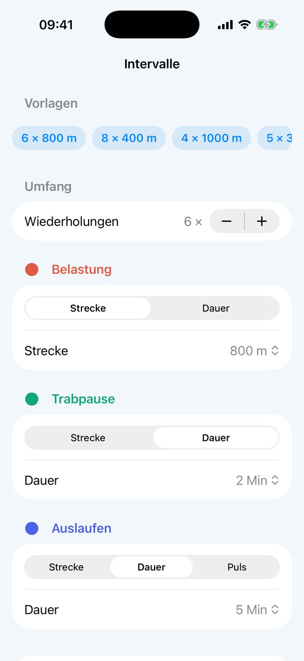 Intervall-Editor: Vorlagen, Wiederholungen, Belastung, Trabpause und Auslaufen