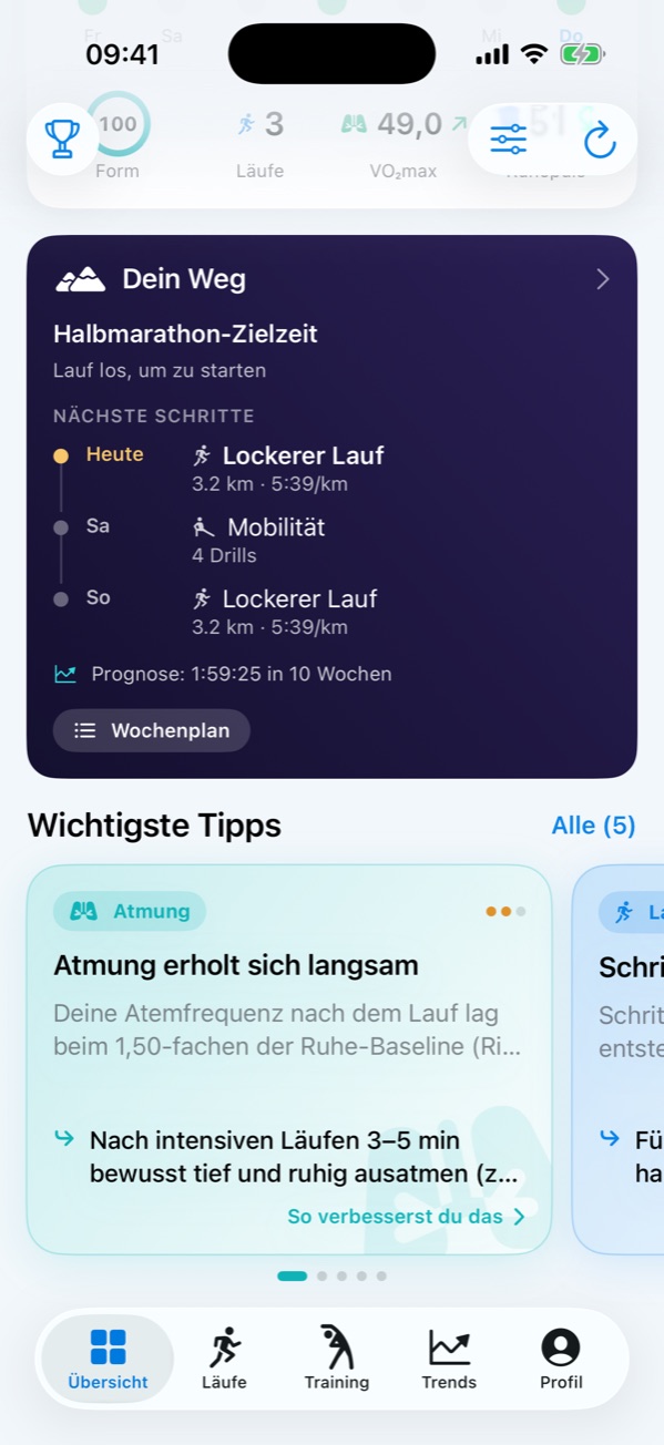 RunCoach Übersicht mit der Karte „Dein Weg“