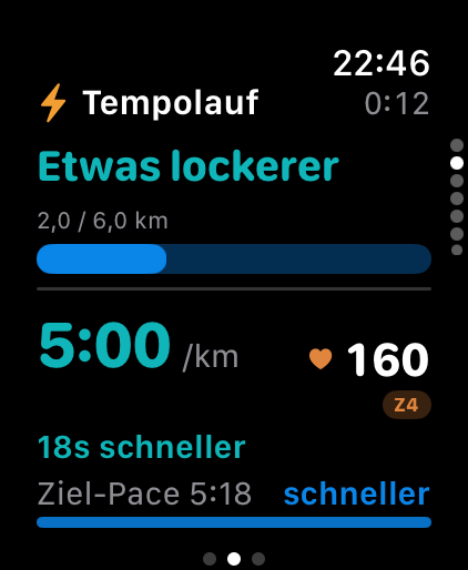 Coach-Seite: Tempolauf mit Fortschritt, Tempo gegen Ziel-Pace und Herzfrequenz