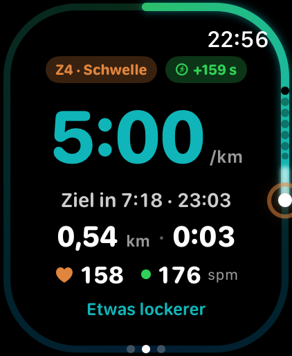 Halo-Seite im Lauf: Leuchtring bis zum Ziel, Tempo, Herzfrequenz-Zone und Coach-Satz