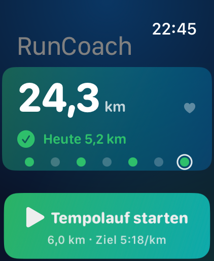 RunCoach auf der Apple Watch: Wochenstrecke und die geplante Einheit „Tempolauf starten“
