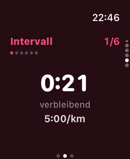 Intervall 1 von 6 auf der Apple Watch mit verbleibender Zeit und Tempo