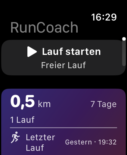 RunCoach Startbildschirm auf der Apple Watch